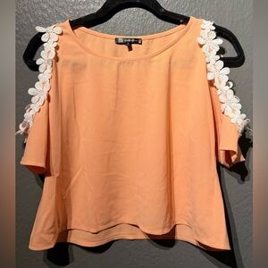Elegant Peach Cold Shoulder Blouse with Floral Accents